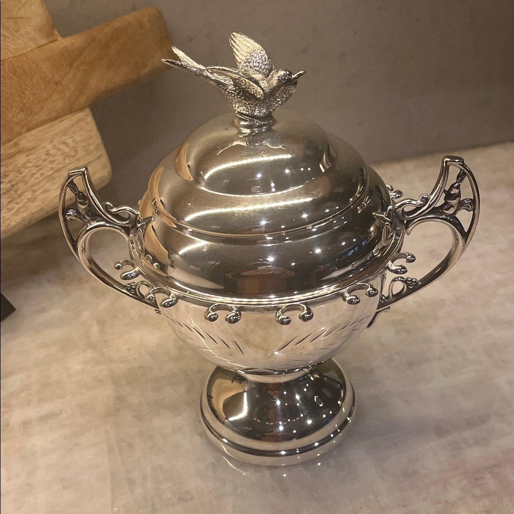 Silver Decorative Covered Sugar Bowl with Bird Finial, bunnies on handles.